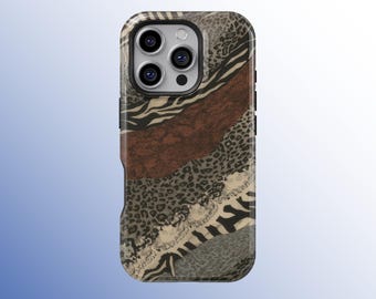 Safari Cheetah Print Phone Case, Leopard Zebra Patchwork MagSafe Cover for iPhone 17 16 15 14 13 12 11 Pro Max, Samsung S25 S24 S23 Ultra