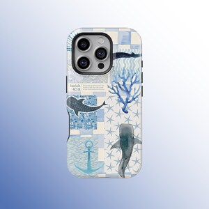 Whale Shark Phone Case: Coastal Collage Nautical Ocean Blue Sea Life Bible Verse Cover, iPhone 17 16 15 14 13 12 11 Pro Max, Samsung S26 S25
