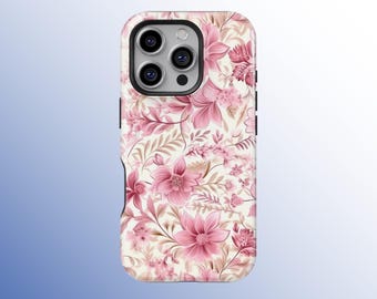 ピンクの花柄スマホケース、エレガントでロマンチックなボタニカル柄カバー、花柄ガーリースマホケース、iPhone 17 16 15 14 13 12 Pro Max、Samsung S25