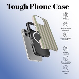 May include: A phone case with the text "Tough Phone Case". The case is shown in three parts: a silver phone, a black inner case, and a striped outer shell in green and beige. Features include a TPU liner, polycarbonate outer shell, and impact resistance.