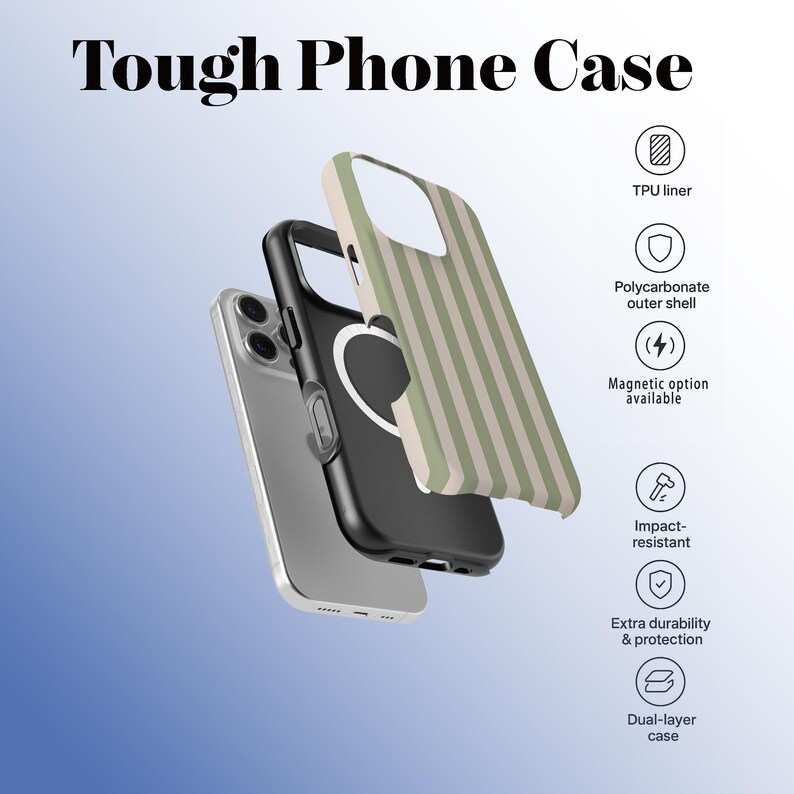 May include: A phone case with the text "Tough Phone Case". The case is shown in three parts: a silver phone, a black inner case, and a striped outer shell in green and beige. Features include a TPU liner, polycarbonate outer shell, and impact resistance.