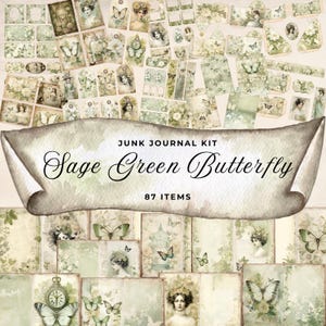 Junk Journal Kit Sage green butterfly, Victorian journal - 87 Piece Printable Papers, Tags, Ephemera, Paper Craft, Collage Sheet 11 x 8.5