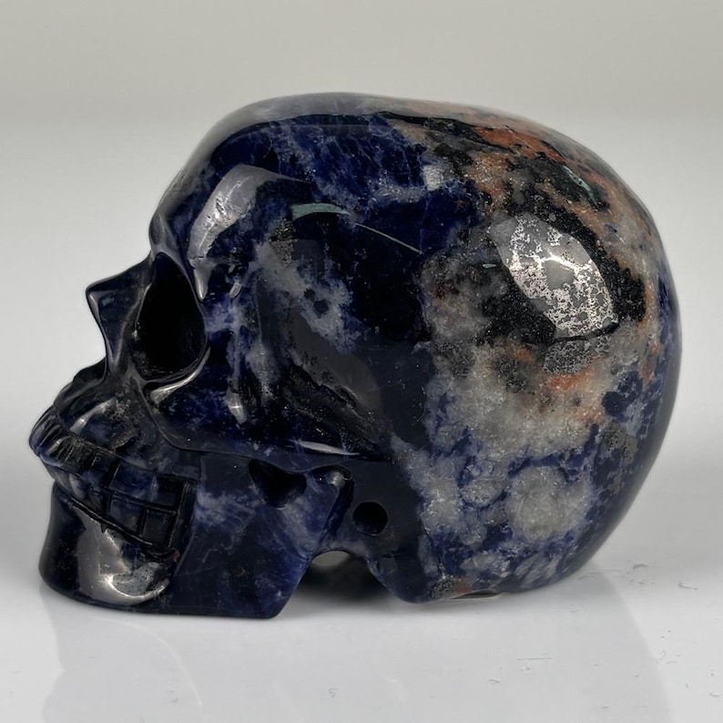 May include: A polished skull carving made from dark blue sodalite stone. The mineral features deep navy blue tones with mottled patches of white, grey, and hints of orange-brown. The surface is smooth and reflective, showing natural stone inclusions.