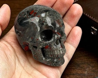 African Bloodstone Crystal Skull (2 Inch), Natural Seftonite Warrior Stone for Vitality & Root Chakra Healing, Hand Carved Protection Amulet