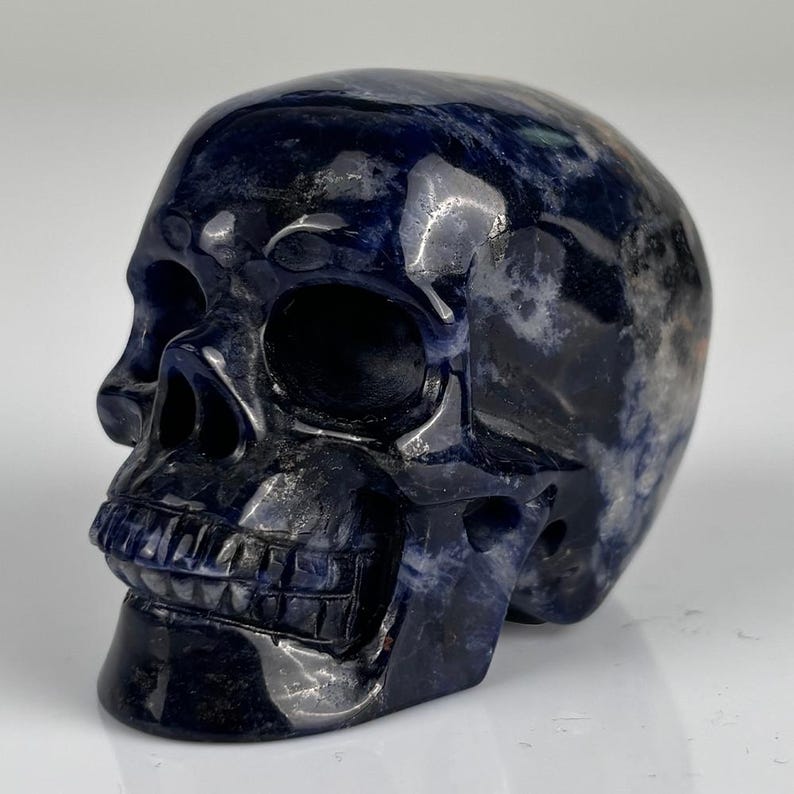 May include: A polished skull carving crafted from deep blue sodalite stone, featuring natural white and grey mineral inclusions throughout the surface, with detailed eye sockets, a nasal cavity, and defined teeth carved into the stone.