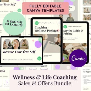 May include: A digital bundle for wellness and life coaching, featuring fully editable Canva templates. The image displays a laptop and tablets showcasing designs with the text "Become Your True Self" and "Coaching Wellness Package".