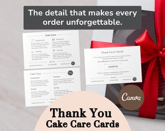 Cake Care Card Canva Template | Editable Cake Pickup Instructions, Bakery Packaging Insert & Thank You Card