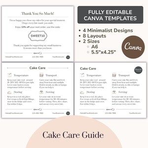 May include: A set of fully editable Canva templates for cake care guides and thank you cards. The templates include minimalist designs, various layouts, and two sizes: A6 and 5.5"x4.25". The image also includes cake care instructions.