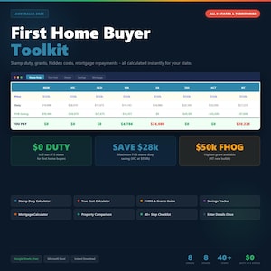 First Home Buyer Toolkit Australia 2026 | Stamp Duty Calculator | Savings Tracker | FHOG Guide