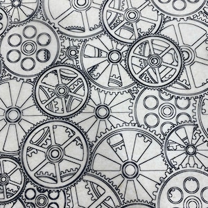 May include: Black and white illustration of interlocking gears, resembling a pattern or design. The gears are various sizes and shapes, creating a complex and intricate design.