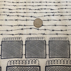 May include: A black and white illustration of a fence with barbed wire and three gates. The gates are made of a wire mesh pattern. A coin is placed on top of the barbed wire.