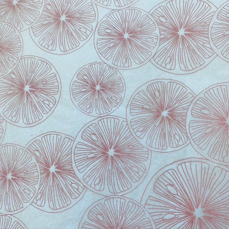 Pode incluir: Um fundo azul com um padr&atilde;o repetitivo de fatias de frutas c&iacute;tricas cor-de-rosa. As fatias de fruta s&atilde;o delineadas em um rosa mais escuro e t&ecirc;m um design radial.