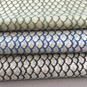 May include: Three fabric swatches with a geometric pattern of overlapping ovals. The top swatch is green, the middle swatch is blue, and the bottom swatch is black.