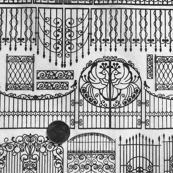 Könnte beinhalten: Schwarz-Weiß-Illustration verschiedener schmiedeeiserner Tore und dekorativer Elemente. Designs umfassen gewölbte Tore, Rankenwerk und ein zentrales ovales Design mit zwei Vögeln. Eine Münze ist zur Maßstabsgetreue enthalten.