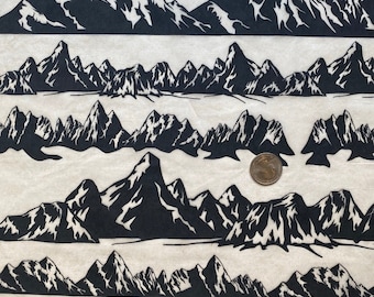 May include: A seamless pattern featuring a repeating design of black mountain silhouettes against a white background. The mountains are stylized and have a jagged, angular appearance. The pattern is perfect for use in a variety of creative projects, such as fabric, wallpaper, or wrapping paper.