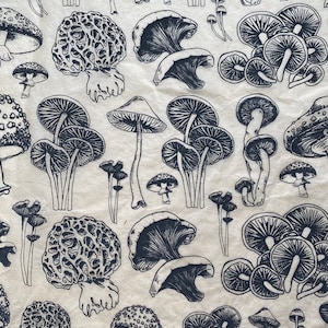 May include: A black and white illustration of various mushrooms on a beige background. The mushrooms are drawn in a detailed and realistic style, with different shapes and sizes. Some of the mushrooms have a lacy texture, while others are smooth. The illustration is perfect for a nature-themed design.