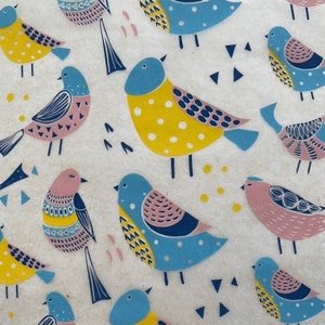 May include: A colorful pattern of birds with blue, yellow, pink, and white accents. The birds are stylized and have geometric shapes. The background is white.