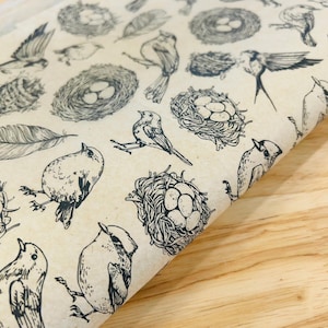 Könnte beinhalten: Braunes Geschenkpapier mit einem sich wiederholenden Muster aus schwarz-weißen Illustrationen von Vögeln, Nestern und Eiern.