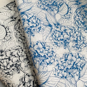 Puede incluir: Una hoja de papel de regalo con un patrón floral azul y blanco. El patrón presenta hortensias y hojas.