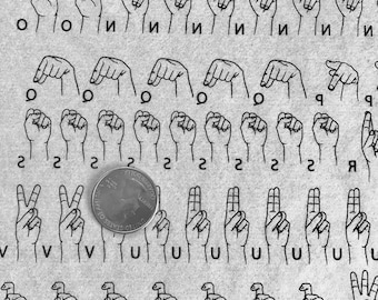 May include: Black and white image of American Sign Language (ASL) hand gestures, including letters and numbers. A US quarter is included for scale. The letters O, I, Q, V, U, and X are visible.