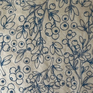 May include: A seamless pattern of blue blueberry branches and leaves on a beige background.