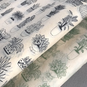 Puede incluir: Una hoja de papel de regalo con un patrón repetitivo de plantas en maceta en tinta negra sobre un fondo crema. Las plantas están dibujadas de forma simple y estilizada e incluyen cactus, suculentas y plantas de hoja.
