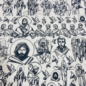 May include: Black and white line art illustration of a religious scene with multiple figures. The figures are depicted in a stylised, geometric style. The scene includes a group of people gathered around a table, a figure with a halo, and a figure holding a staff. The illustration is set against a background of stylised birds and geometric shapes.