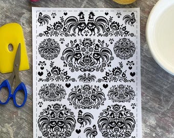 Folk Art Chickens - Overglaze Decal Sheet- Kiln Fired and Oven Fired