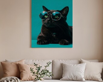 Cool Black Cat Framed Canvas Wall Art, Stylish Sunglasses Cat Artwork, Modern Animal Decor for Living Room, Bedroom, or Cat Lovers
