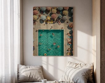 Retro Poolside Framed Canvas, Mid-Century Swimming Pool Aerial Art