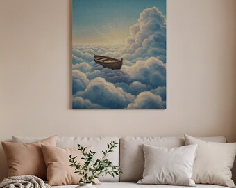 Lienzo enmarcado "Barco de ensueño entre nubes", arte mural surrealista con cielo, paisaje de nubes apacible, decoración moderna para el hogar, diseño de fantasía serena.