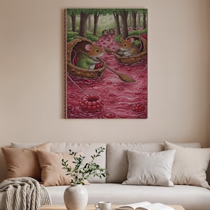 May include: A whimsical print depicts two mice in walnut shell boats, navigating a river of raspberry jam. The artwork features a forest backdrop with trees and a vibrant, colorful scene. The mice are dressed in green and brown clothing.