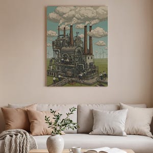 以下が含まれることがあります： 複数の煙突、雲、自転車に乗った人物が描かれた、スチームパンク工場の詳細なイラスト。 このアートワークは、緑、茶色、グレーの色合いの落ち着いたカラーパレットを使用し、ヴィンテージ感を醸し出しています。 背景には風力タービンが見えます。