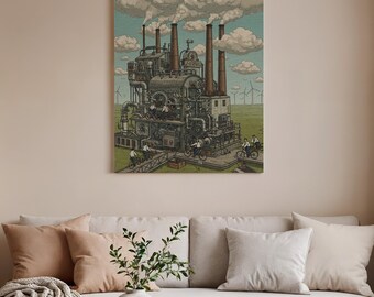 Steampunk Framed Canvas Art, Surreal Cyclist Factory, Retro Illustration