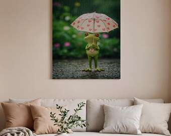 Frog Canvas Wall Art, Whimsical Rainy Day Kids Room Decor