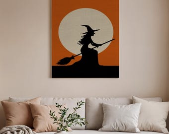 Witch Silhouette Framed Canvas Art, Halloween Moon Decor