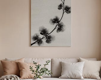 Minimalistische Kirschblüte gerahmte Leinwand, Schwarz-Weiß-Blumenwandkunst, elegantes Haupt-Leinwanddekor im japanischen Stil, Zen-inspirierte Kunstwerk