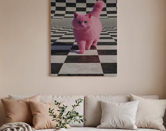 Quadro em tela com gato rosa, ilustração surreal de animal, decoração moderna de arte pop, obra de arte lúdica com gato para sala de estar ou quarto.