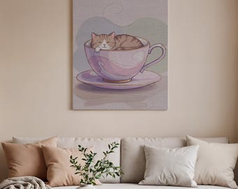 Sleeping Cat in Teacup Framed Canvas Art, Cozy Home Decor