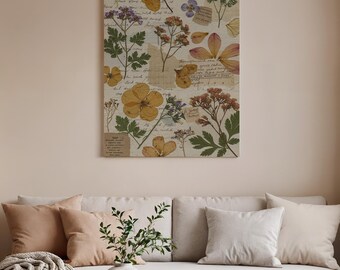 Stampa botanica floreale su tela incorniciata, stile erbario vintage.