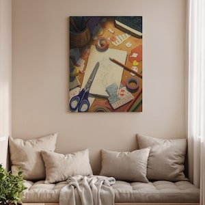 May include: A painting depicting a craft table with scissors, washi tape, pencils, and a notebook. The scissors are blue and silver, and the washi tape is pink and purple. The notebook is open, with a pencil drawing.