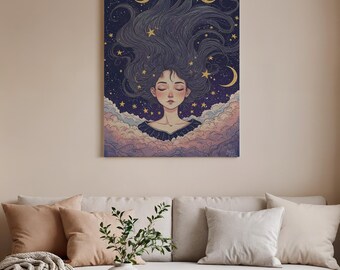 Dromerige nachtelijke hemel ingelijst canvas, surrealistisch meisje en sterren muurkunst, mystiek hemels decor, fantasy boho-kunstwerk voor slaapkamer of woonkamer