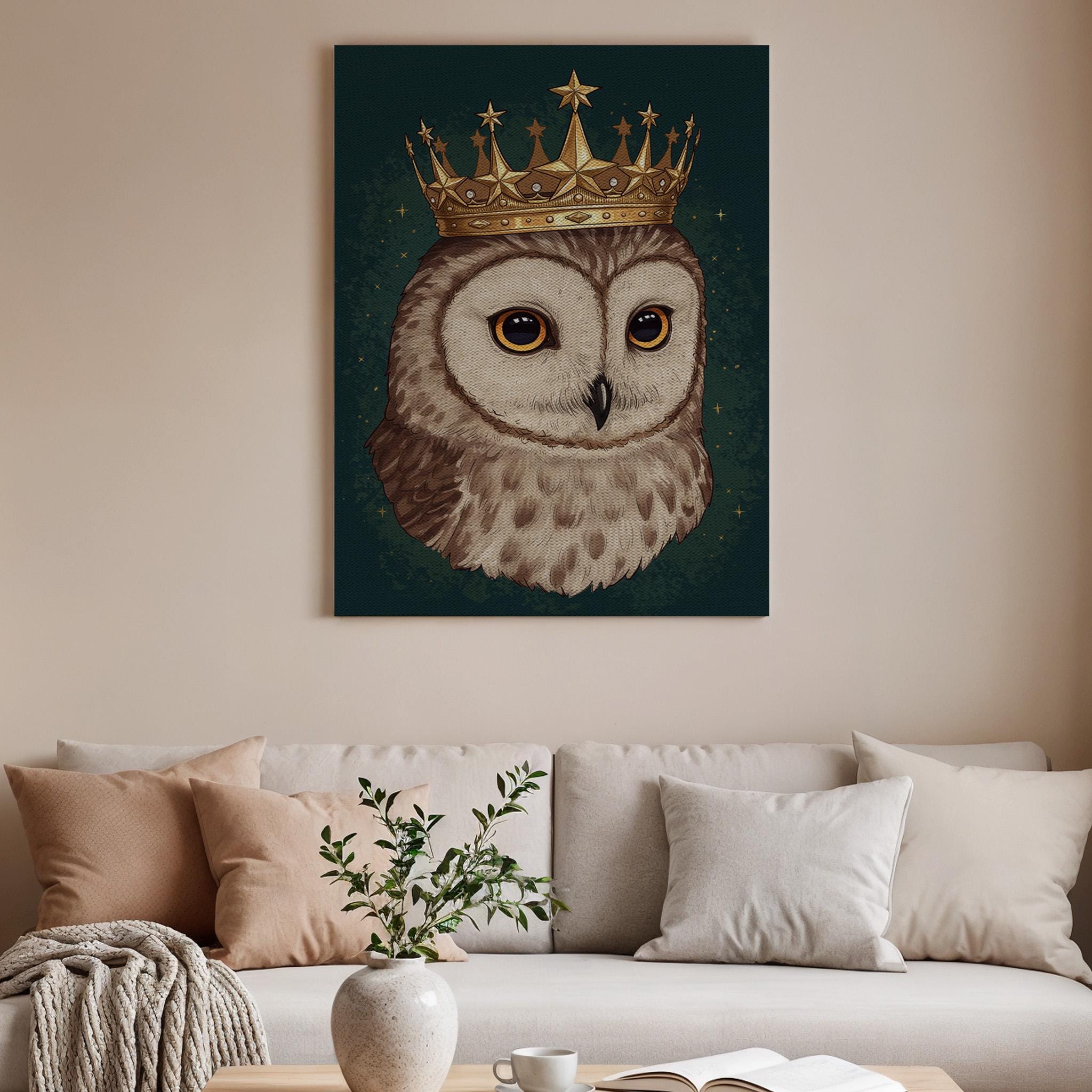 Royal Owl Framed Canvas Wall Art, Wise Animal Portrait with Crown, Majestic Bird Illustration, Elega
