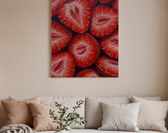 Lienzo enmarcado de fresas, arte mural de frutas frescas, vibrante obra de arte para la cocina, decoración botánica rústica, lienzo de diseño moderno para el hogar inspirado en la gastronomía.