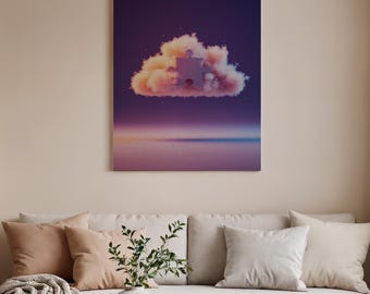 Cloud Puzzle Framed Canvas Art, Dreamy Surreal Illustration