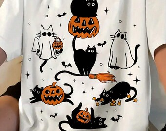Maglietta di Halloween Comfort Colors: maglietta grafica divertente con simpatico gatto fantasma di Halloween