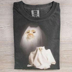 Pu&ograve; includere: T-shirt Comfort Colors grigio scuro con un design a gatto fantasma. La grafica raffigura la faccia di un gatto che esce da un lenzuolo bianco, con un altro gatto in costume da fantasma sotto. La maglietta &egrave; piegata su una superficie di legno.