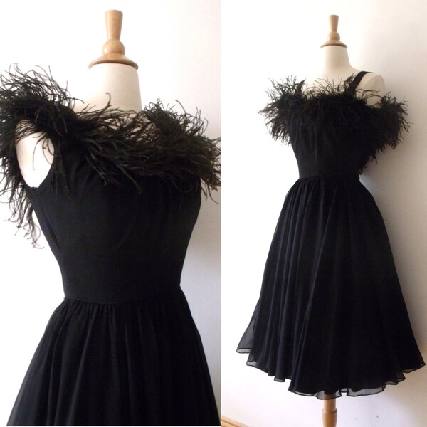 Vintage 50's Glamour Black Dress with Feather Boa ~ PAB Evening Chiffon Dress ~ New Year's Party Dress