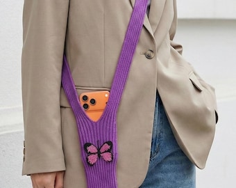 Pochette pour téléphone tricotée à la main, broderie papillon, dragonne, cadeau pour elle