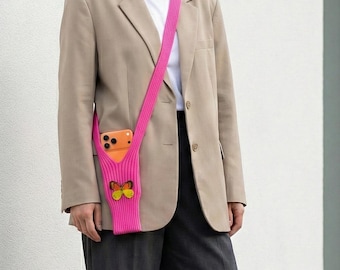 Pochette pour téléphone en tricot fait main, motif papillon, transport mains libres